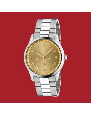 (케이스+쇼핑백포함)(공식매장AS가능) 구찌 G-타임리스 42mm 위드 비 시계 실버골드 ?YA126378