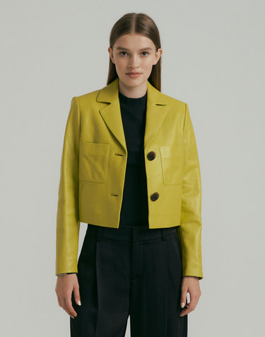 Lambskin Crop Leather Jacket - Lime Yellow