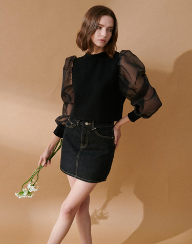 제이드 크루넥 퍼프 슬리브 탑 Jade Puff Sleeve Crewneck Top - Black