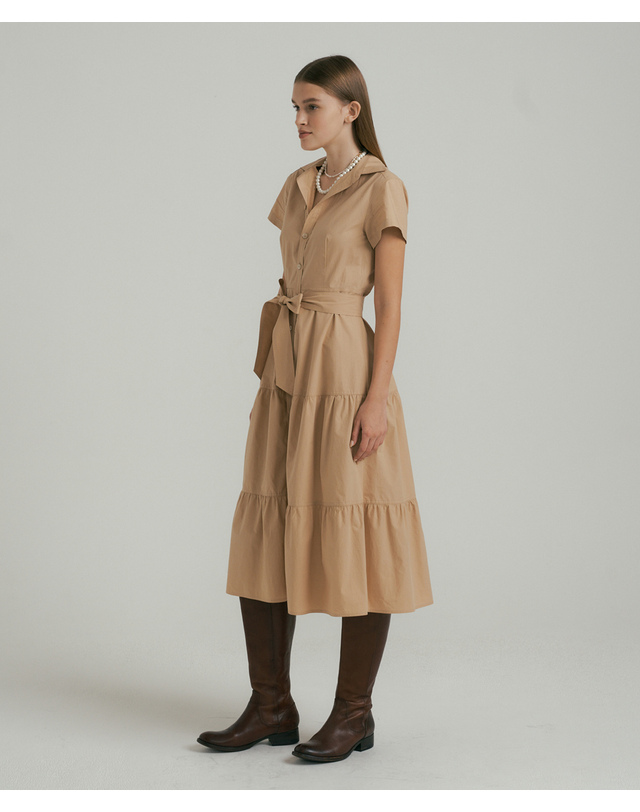 히비스커스 블룸 Heather Tiered Shirtsdress - Camel 착용컷
