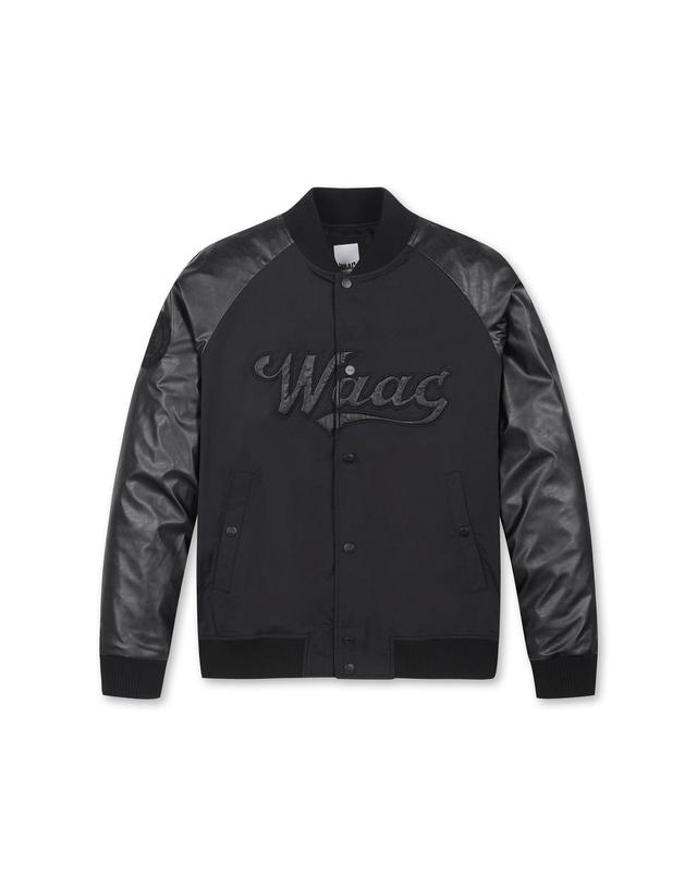 왁 [WAAC] Men Vegan Leather Varsity Jacket WMUAS25103BKX 착용컷