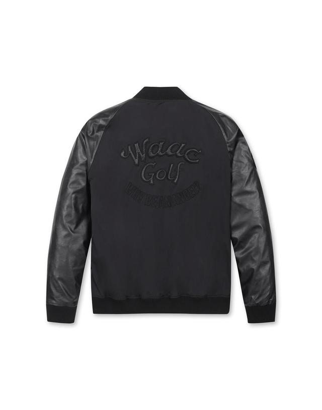 왁 [WAAC] Men Vegan Leather Varsity Jacket WMUAS25103BKX 착용컷