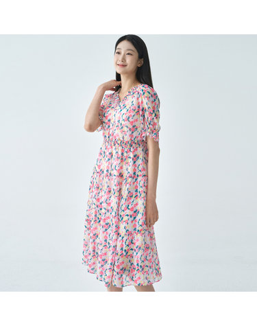 [24SS] 여성 쉬폰 프린트 스모킹 플레어 원피스 LCOPO530_PK