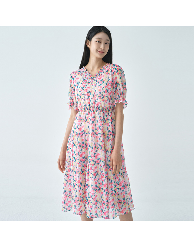 지센 (2컬러) 쉬폰 프린트 스모킹 플레어 원피스 LCOPO530 착용컷