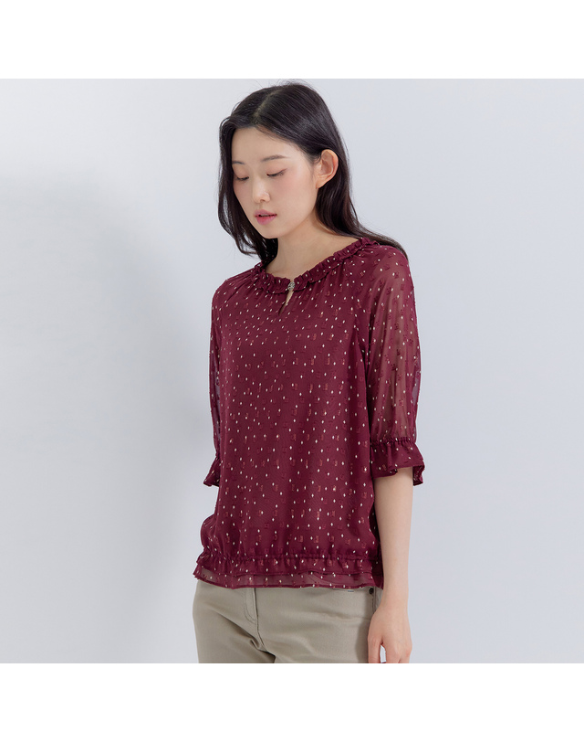 지센 (2컬러) 피어로즈 도트 블루종 블라우스 LFWSP893 착용컷