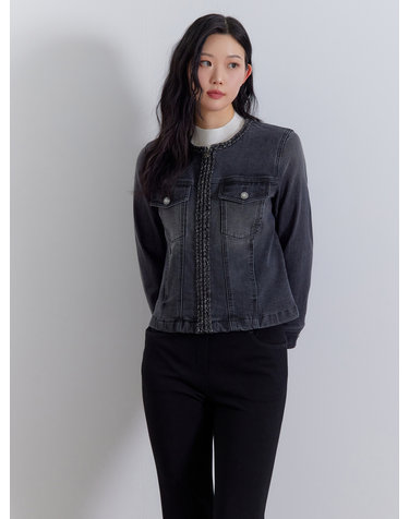 장식 테이프 라운드 데님자켓 LCJKQ221_BK