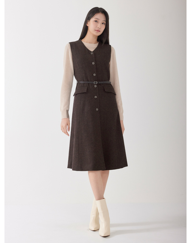 지센 [피어로즈] 벨티드 레이어드형 플레어 원피스 LFOPOA91_BR 착용컷