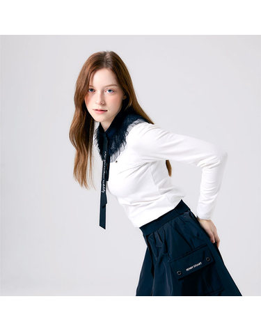 [헨리스튜어트] 골프 여성용 튜튜 프릴 리본 카라 긴팔 티셔츠 화이트
