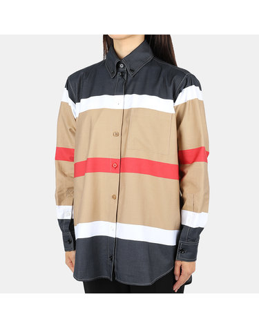 22 S/S 버버리 여성 스트라이프 체크 포켓 셔츠(베이지/네이비) 8048801 A7029