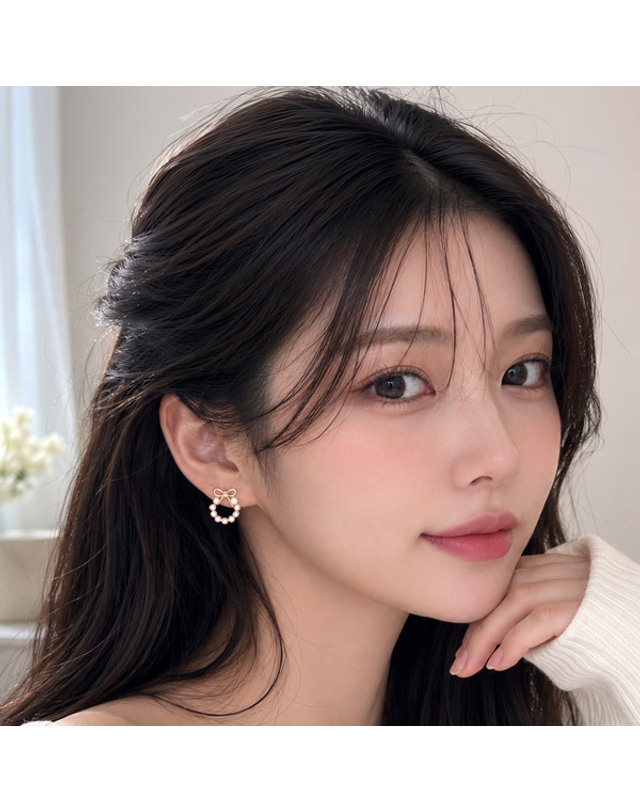 메종드쉬 메종드쉬 귀걸이 러블리 리본 리스 진주 큐빅 BCE008 착용컷
