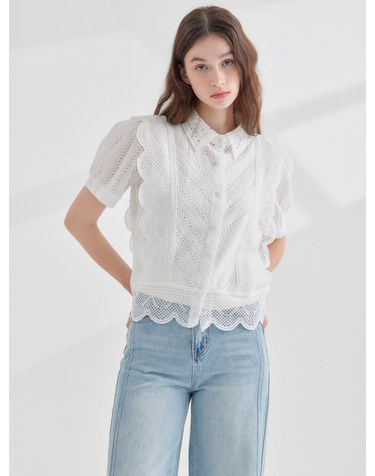 웨이브 펀칭 레이스 블라우스 KOBLP359(2 colors)