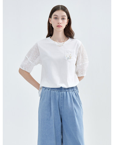 비즈 포켓 레이스 배색 티셔츠 KOTSP511 (2colors)