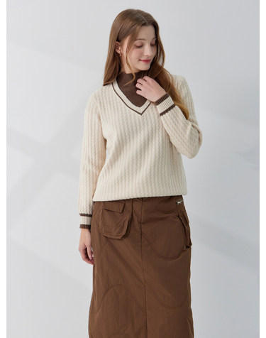 브이넥 레이어드 배색 반목 케이블 니트 KOKTPB01 (2colors)