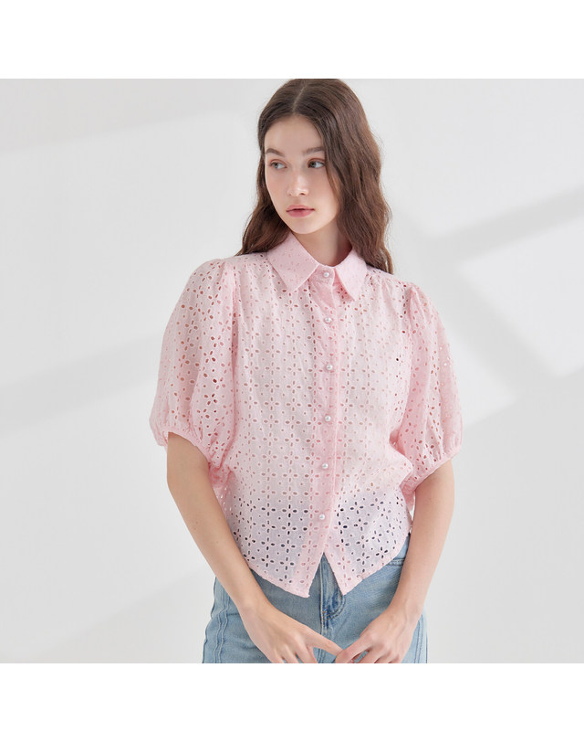 카인드베리 코튼 크로바 펀칭 레이스 블라우스 KOBLP360(2 colors) 착용컷