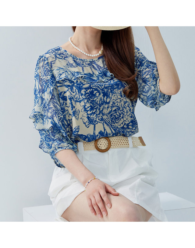 카인드베리 쉬폰 플라워 페이즐리 프릴 블라우스 KOBLP607 (3colors) 착용컷