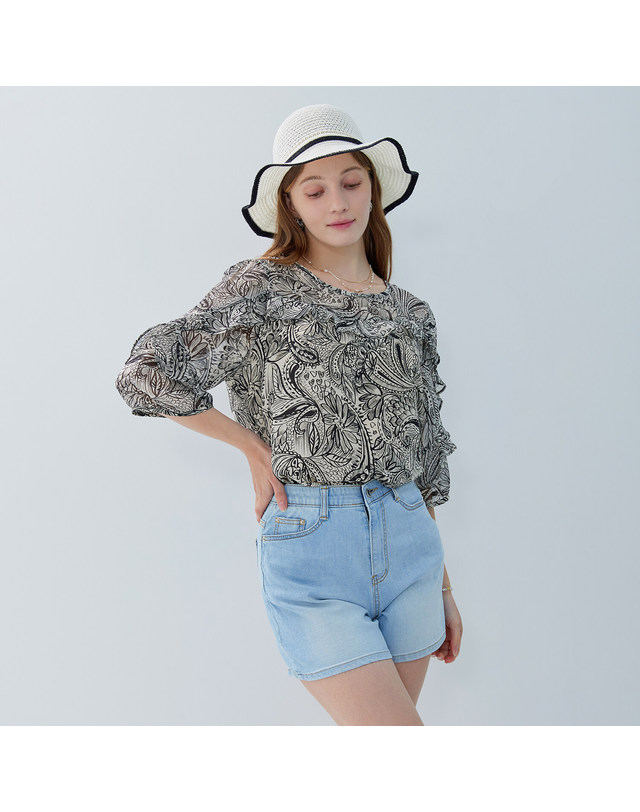카인드베리 쉬폰 플라워 페이즐리 프릴 블라우스 KOBLP607 (3colors) 착용컷