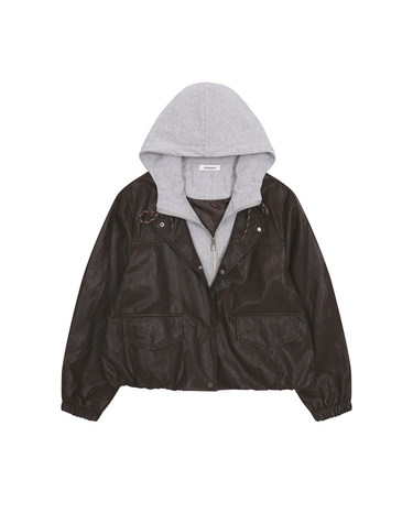 후드 레이어드 페이크 레더 자켓 KOJKQ802 (2colors)