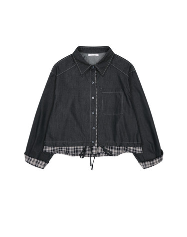 체크 배색 스트링 데님 셔츠 KOBLQ904 (1colors)