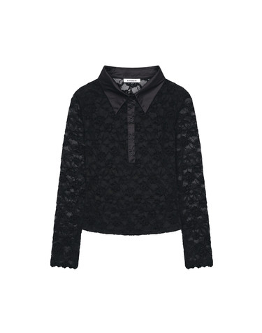 레더 배색 카라 플라워 레이스 블라우스 KOBLQA01 (2colors)