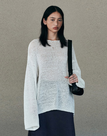 Tape Boat Neck Over Fit Pullover (White)												