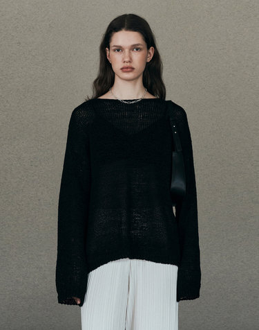Tape Boat Neck Over Fit Pullover (Black)										