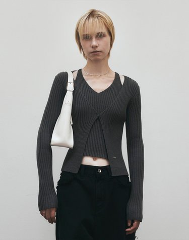 Cut Out Ribbed One Button Cardigan (Charcoal)