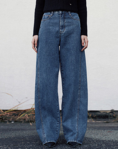 Line Point Vintage Washing Wide Denim Pants (Blue)