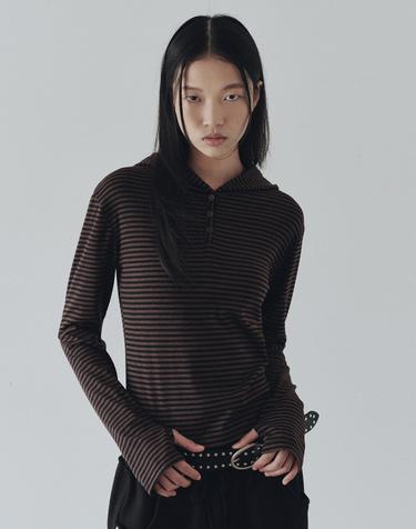 Button Stripe Hooded T-Shirt (Brown)					