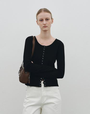 Ribbed Snap Round Cardigan (Black)