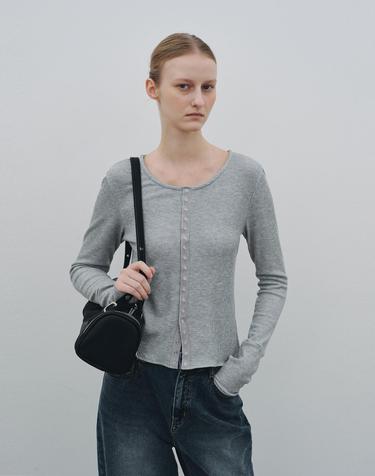 Ribbed Snap Round Cardigan (Melange Gray)