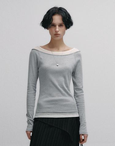 Boat Neck Layered Slim T-shirt (Gray)