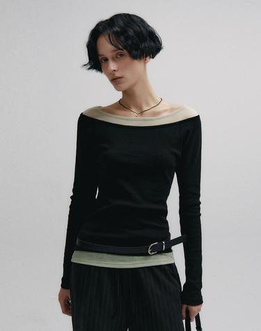 Boat Neck Layered Slim T-shirt (Black)