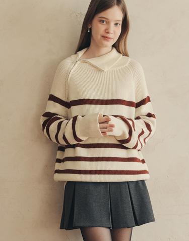 스트라이프 집업 스웨터 / 아이보리