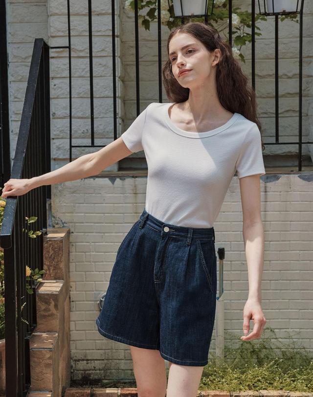 제로스트릿 [2컬러] 골지 U넥 반팔 티셔츠 착용컷