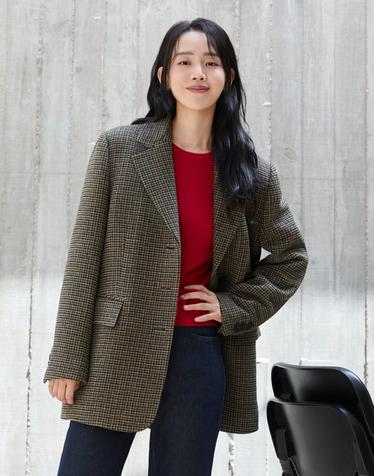 26FW 울블렌드 체크 보이핏 패딩코트