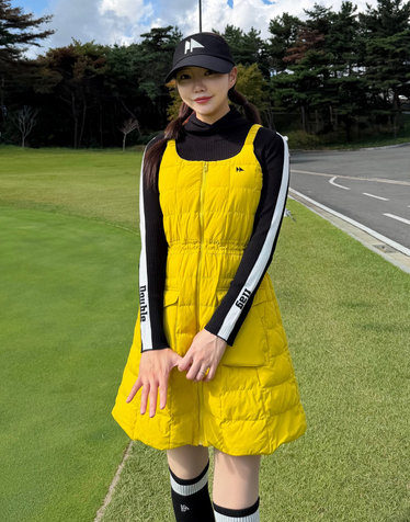 [Plumping] 다크 옐로우 여성 스퀘어 퀼팅 포인트 다운 레이어드 원피스
