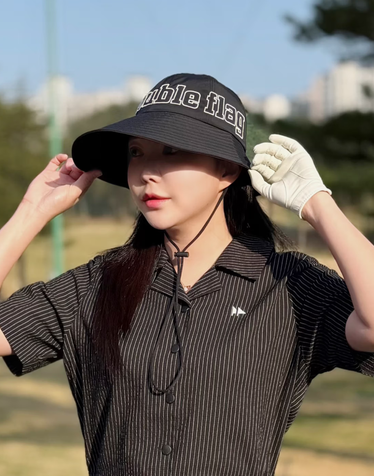 [얼굴소멸] 블랙 여성 스트링 배색 포인트 프론트 와이드 햇