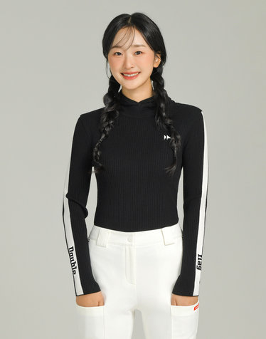 [품절임박][Layering] 블랙 여성 스몰후드 컬러라인 포인트 긴팔 골지 니트