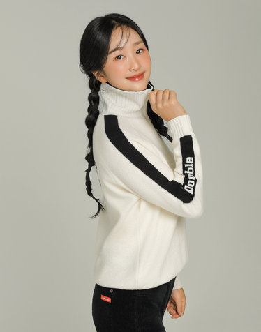 [Wind-Proof] 아이보리 여성 라인 컬러 포인트 방풍 반집업 니트