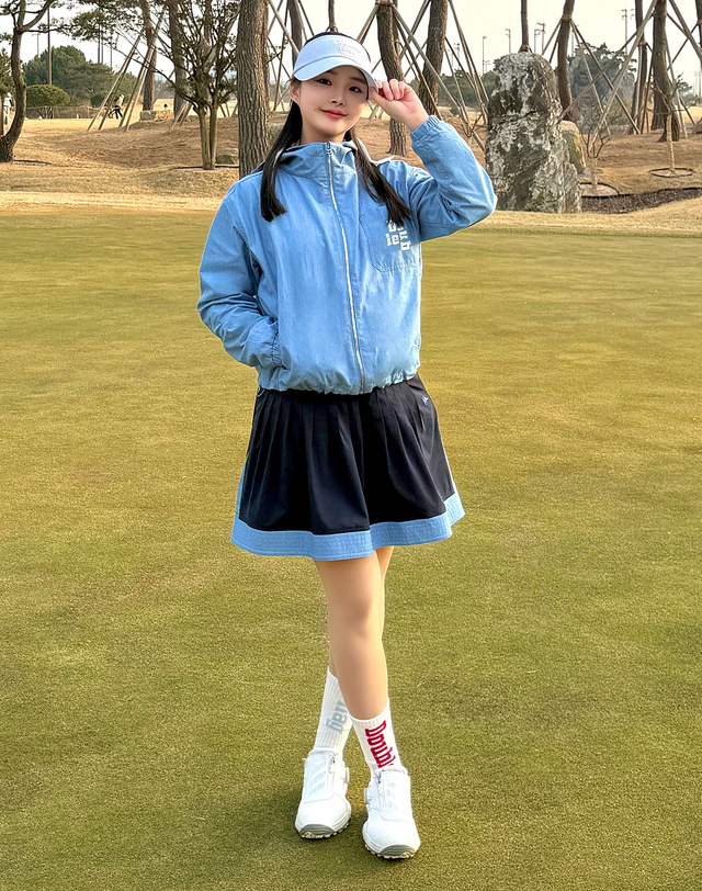 더블플래그 여성 [BEST][플레어] 다크 네이비 여성 컬러블럭 스트레치 밴드 플레어 스커트 진한 네이비 착용컷
