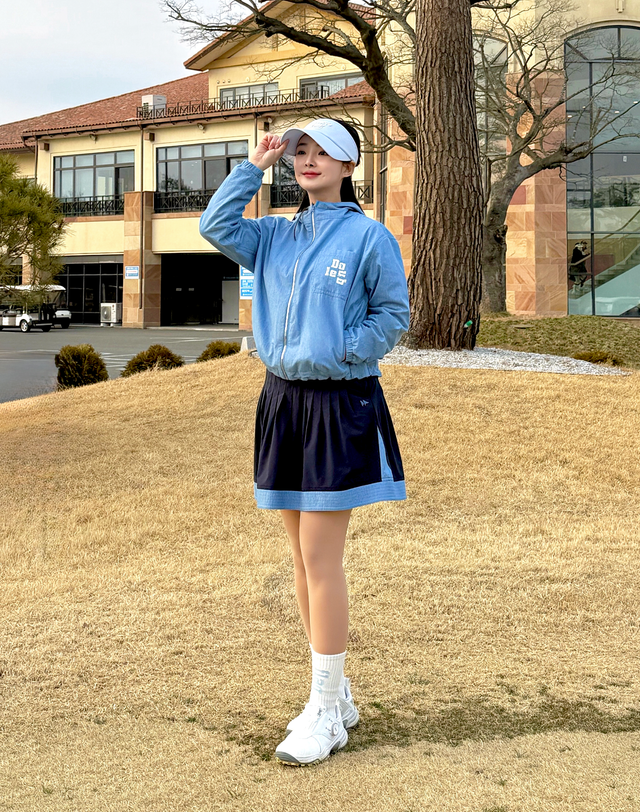 더블플래그 여성 [BEST][플레어] 다크 네이비 여성 컬러블럭 스트레치 밴드 플레어 스커트 진한 네이비 착용컷