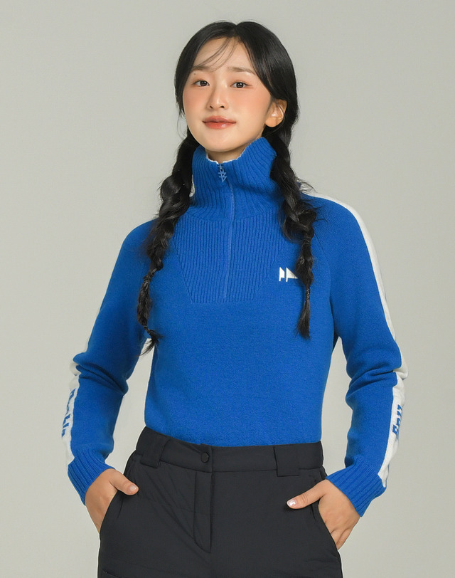 더블플래그 여성 [Wind-Proof] 블루 여성 라인 컬러 포인트 방풍 반집업 니트 착용컷