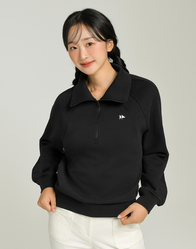 더블플래그 여성 [Range wear] 블랙 여성 스트레치 티핑 포인트 반집업 티셔츠 착용컷