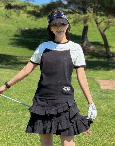 [Micro Pleats] 블랙 여성 Micro Pleats 셔링 디테일 프릴 스커트
