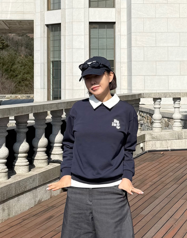 [품절임박][데님 레이어드] 다크 네이비 여성 2 IN 1 레이어드 긴팔 카라 티셔츠