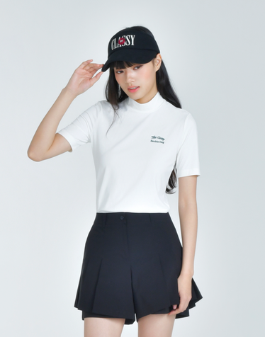 [슬림핏] 아이보리 여성 스컬프트 립 하이넥 반팔티