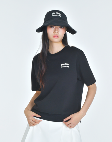 [루즈핏] 블랙 여성 플로우 헴 볼륨 반팔티