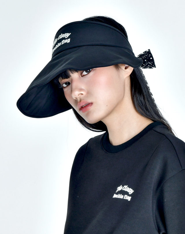 더블플래그 여성 [쇼핑백동봉][Wide Shield] 블랙 여성 셔링 디테일 와이드 썬 바이저 착용컷