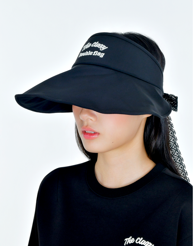 더블플래그 여성 [쇼핑백동봉][Wide Shield] 블랙 여성 셔링 디테일 와이드 썬 바이저 착용컷