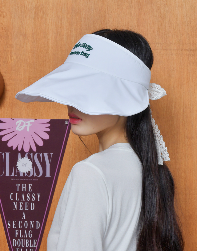 더블플래그 여성 [쇼핑백동봉][BEST][Wide Shield] 아이보리 여성 셔링 디테일 와이드 썬 바이저 착용컷